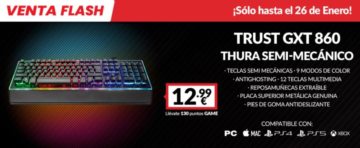 GAME kondigt nieuwe flash-aanbieding aan van het Trust GXT 860 Thura Semi-automatic RGB keyboard voor 12,99€ tot 26/01 of einde voorraad.
